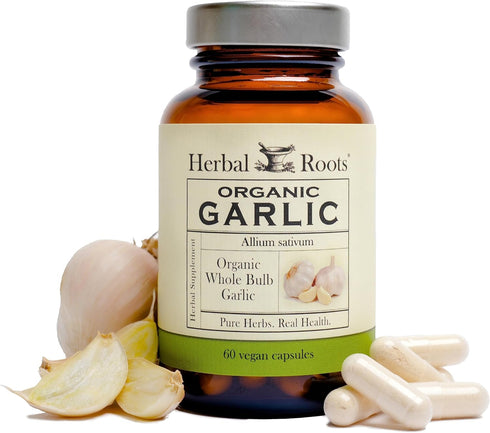 Herbal Roots Organic Whole Bulb Garlic Pills - Potent Extra Strength | 600 mg - 60 Organic Vegan Capsules...