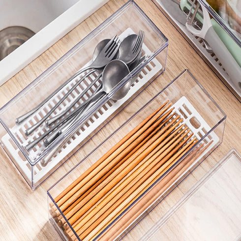 Large Transparent Flatware Tray Kitchen Drawer Organizer With Lid and Drainer - Plastic Kitchen Cutlery Tray and Utensil Storage Container with Co...