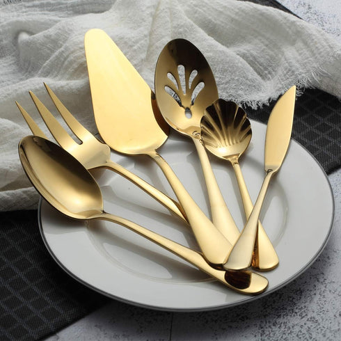 Berglander Stainless Steel Titanium Plated Flatware Serving Set, 6 Pieces, 5 Serving Sets of 45 Pieces Flatware With 1 Cake Server, Shiny Golden S...