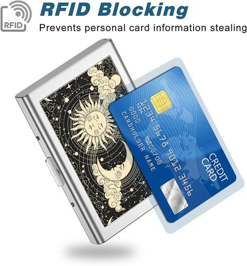 Rimilak Metal Credit Card Holder, Mini Credit Card Wallet RFID Blocking Slim Metal Hard Case for Women Men, Sun Moon...