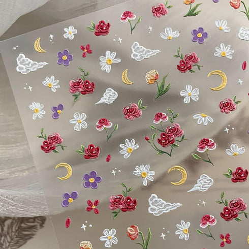 Flowers Nail Art Stickers 5D Flowers Nail Stickers Spring Red Pink Rose Nail Decals Daisy Nail Art Design Decals for Nail Art Cloud Cute Designs S...