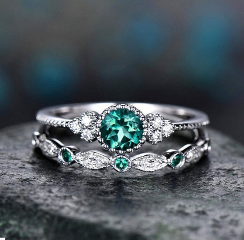 Yaya 925 Silver Halo Floral Art Deco Wedding Engagement Ring Round Cubic Zirconia Simulated Emeralds Bridal Stackable Ring Set for Women Size 6-10...