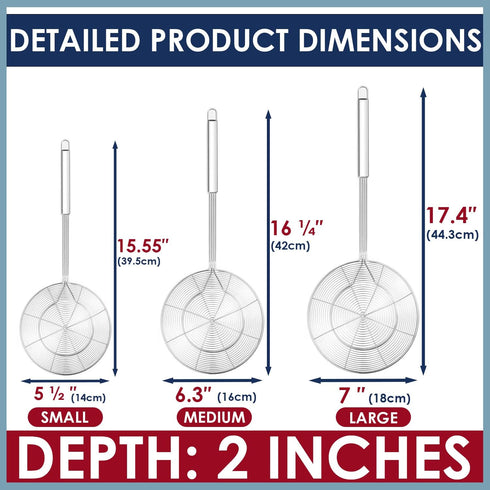 Stainless Steel Spider Strainer Skimmer Spoon For Frying and Cooking - Set of 3 Solid Wire Asian Strainer Ladle Pasta Strainer with Long Handle, P...