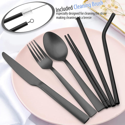 Matte Black Travel Utensils Set, E-far 8-Piece Metal Travel Silverware Portable Camping Reusable Cutlery Flatware Set Includes Knife, Fork, Spoon,...