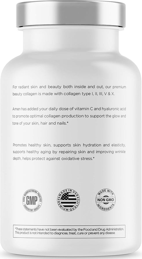 Amen Multi Collagen Peptides Capsules with Hyaluronic Acid and Vitamin C - 5 Types of Collagen Protein Type I, II, III, V, X - Grass Fed Hydrolyze...