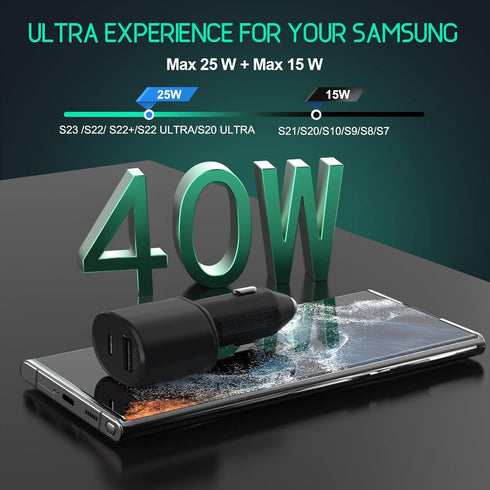 Super Fast Dual Car Charger (25W+15W)-2-Pack PD25W & QC 15W Car Charger Adapter for Samsung Galaxy S24 Ultra/S24/S24+/S23/S23 Ultra/S23+/S22/S22 U...