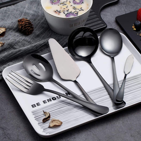 HOMQUEN 6-Piece Black Serving Flatware Silverware Set,Stainless Steel Serving Utensil Set,Include Cake Server, Slotted Serving Spoon, Serving Spoo...