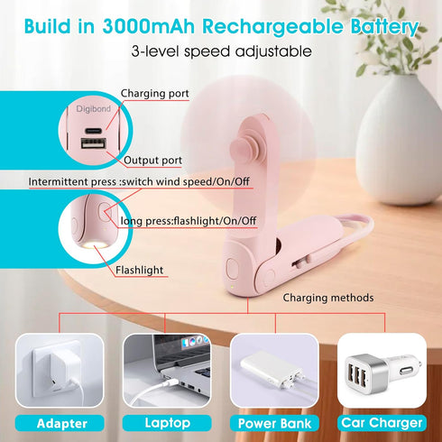 Pink Handheld Fan, Portable Fan Bullet Shape 3000mAh USB Rechargeable Battery Operate 6 IN 1 Personal Fan Foldable Lightweight Travel Essential wi...