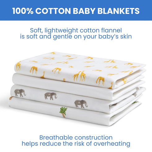 Delta Children 100% Cotton Flannel Baby Receiving Blankets for Girls and Boys – 30x30 Inches (Pack of 4), Safari Friends...