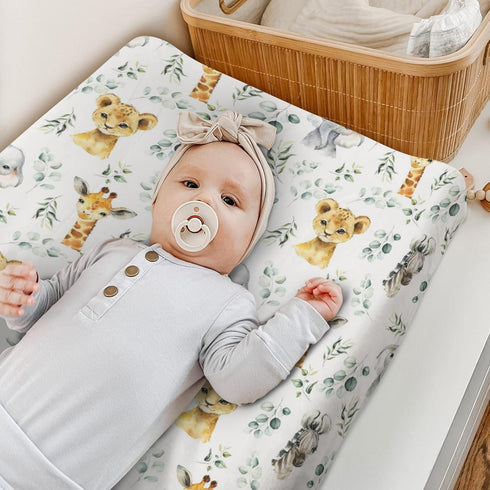 African Safari Jungle Animals Eucalyptus Leaf Changing Pad Cover Baby Girls Boys, Giraffe Elephant Lion Zebra Diaper Change Table Sheet, Stretchy ...