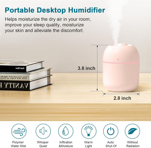 Portable Small Humidifier, USB Personal Desktop Humidifier for Car, Office Room, Bedroom, Auto Shut-Off, 2 Mist Modes, Super Quiet(220ml, Pink)...