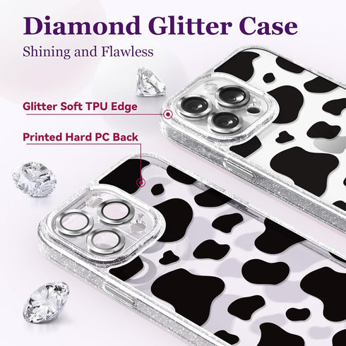 Compatible for iPhone 14 Pro Case Cute Aesthetic - Glitter Clear Phone Case with Camera Protector - Milk Cow Print Cover with Wrist Strap Design f...