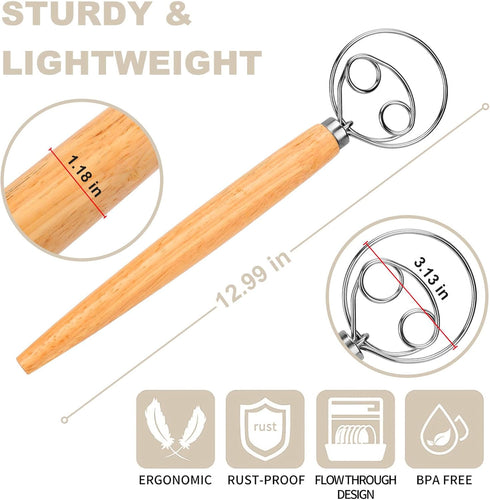 Danish Dough Whisk Wooden Bread Whisk with Stainless Steel Dough Hook - Traditional Dutch Whisk - Dough Mixer Hand Tool & Sourdough Bread Making T...