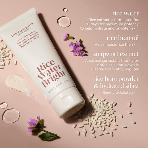 The Face Shop Rice Water Bright Rice Bran Gentle Exfoliating Cleanser - Hydrating, Moisturizing & Brightening Face Cleanser - Vegan Exfoliating Fa...
