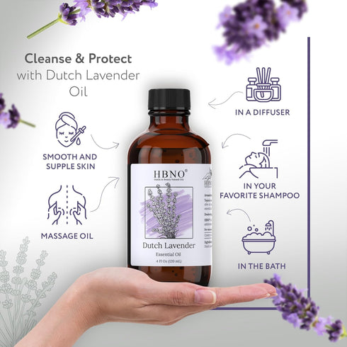 HBNO® California Bottled Dutch Lavender Essential Oil 4 fl oz (120ml) - Natural Lavender Oil for Skin, Perfect for Cleaning, Aromatherapy, DIY & D...