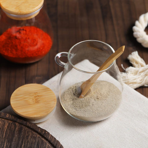Joeyan Glass Jar with Airtight Bamboo Lid and Spoon Attached, 12 oz Salt Sugar Spice Seasoning Container, Clear Condiment Pot, Glass Food Storage ...