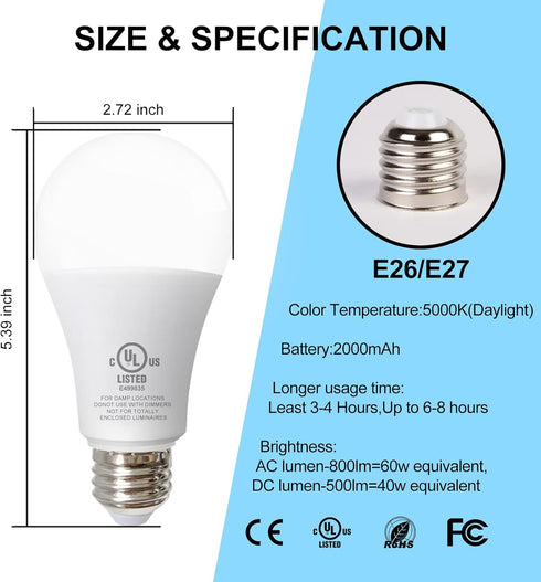 Rechargeable Light Bulbs, Multi-Function Battery Powered Light Bulb for Power Outage, 2000mAh Emergency Battery Light Bulb 500 Lumens 5W 40W Equiv...