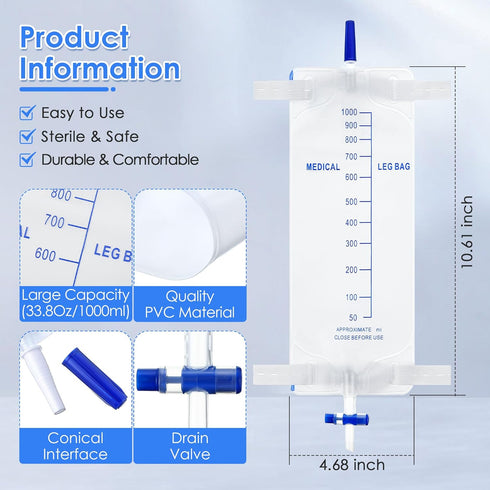 2 Pcs 33.8oz/1000ml Leg Bag Urinary Drainage Bag with 2 Pcs Catheter Leg Bag Holder, Catheter Leg Bags with Anti Reflux Valve, Urine Collection Ba...
