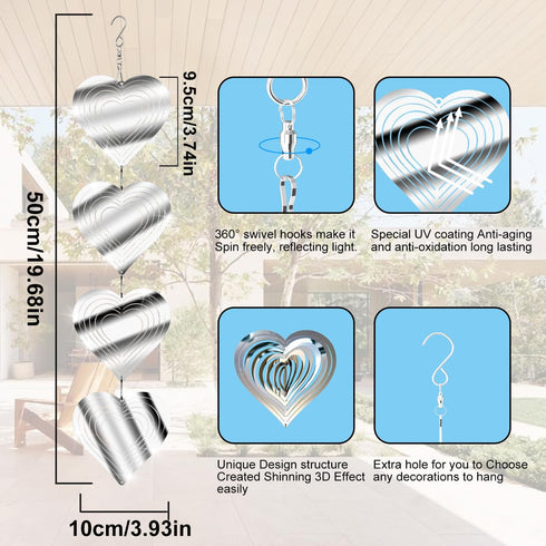 12 Metal Heart Bird Scarer Discs Set, Wind Spinners 3D Helix Reflector Stainless Steel Sparkly Outdoor Garden Decor, Scare Birds & Animals Away fr...