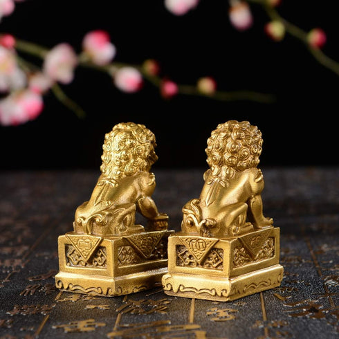 BRABUD 2.8in(H) Fengshui Brass Pair of Fu Foo Dogs Guardian Lion Statues Housewarming Congratulatory to Ward Off Evil Energy ZD099 Gold...