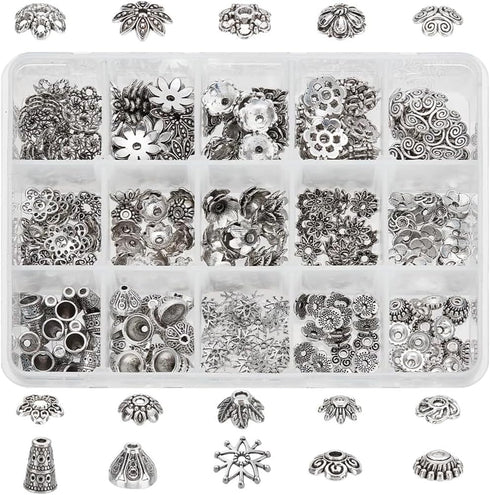 PH PandaHall 300Pcs Bead Caps, 15 Styles Flower Bead Cap Spacers Alloy Bead Cap Bails End Charm Caps Spacer Beads for Earring Bracelets Necklace J...