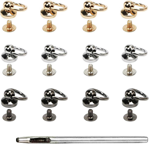 Leather Rivets 12 PCS Brass Ball Studs Screw Rivets, 360 Degree Rotatable D Ring for Purse Hardware for Bag Making Handbag Phone Case Belt DIY, Le...