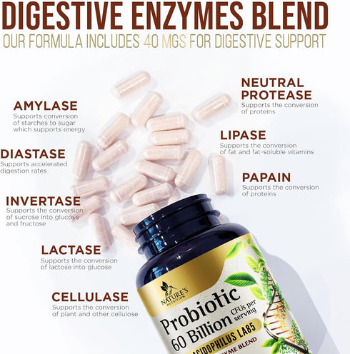 Probiotics 60 Billion CFU - 10 Probiotic Strains, Prebiotics, & Digestive Enzymes - Immune, Digestive & Gut Health - Supports Bowel Frequency & Re...