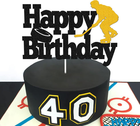 Hockey Cake Topper Hockey Player Figurines Happy Birthday Cake Decor for Kids Boys Girls Ice Hockey Sport Themed Party Supplies Black Sparkle Deco...