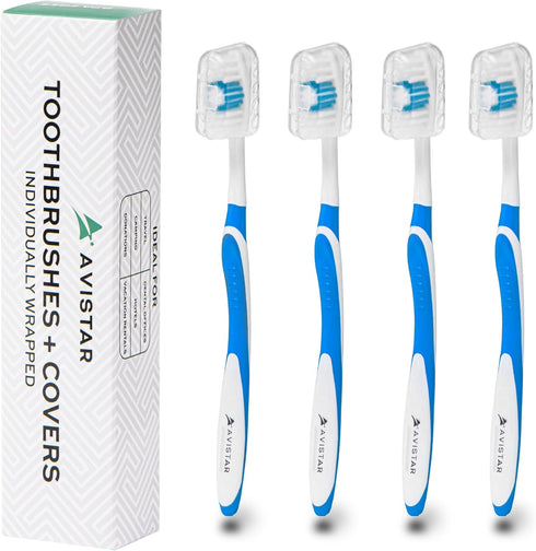 4 Pack Toothbrushes for Adults - Individually Wrapped Medium Bristle Toothbrushes with Covers - Blue - Convenient & Affordable Dental Care for Tra...