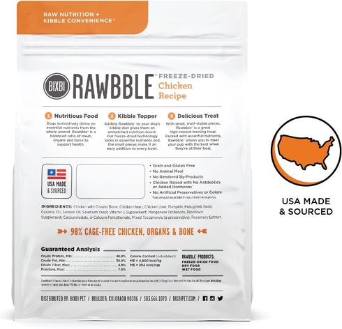BIXBI Rawbble Freeze Dried Dog Food, Chicken Recipe, 4.5 oz - 98% Meat and Organs, No Fillers - Pantry-Friendly Raw Dog Food for Meal, Treat or Fo...