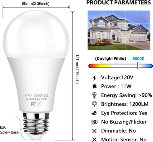 6-Pack Dusk to Dawn LED Light Bulbs, A19 11W(100Watt Equivalent), E26 Basic Automatic On/Off, 1200LM, Daylight White 5000K Smart Sensor Lights, Ou...