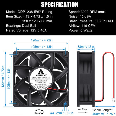 GDSTIME 120mm x 38mm 12V DC Waterproof IP67 Fan High CFM Dual Ball Bearing 2Pin for DIY Cooling Ventilation Exhaust Projects...