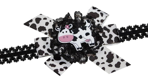 WD2U Baby Girls 4.5" Daisy Holstein Milk Cow Farm Girl Hair Bow Stretch Headband...