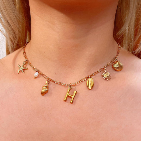 Gold Initial Charm Necklace for Women Gold Shell Starfish Necklace Summer Beach Charms Necklaces for Women Beach Jewelry Gift...