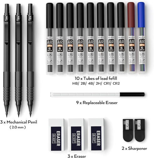 Nicpro Black Metal 2.0 Mechanical Pencil Set with Case, 3 PCS Drafting Lead Holder with 2mm Graphite Lead Refill (HB 2H 4H 2B 4B) & Colors, Sharpe...