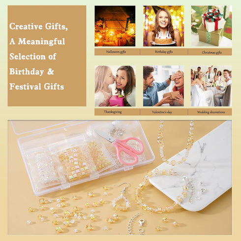 Premium Glass Crystal Beads for Bracelets Making Kit, 250pcs Showy Gold Crystal Beads for Jewelry Making Kit, 4/6/8mm Crystal Beads & Bead Assortm...