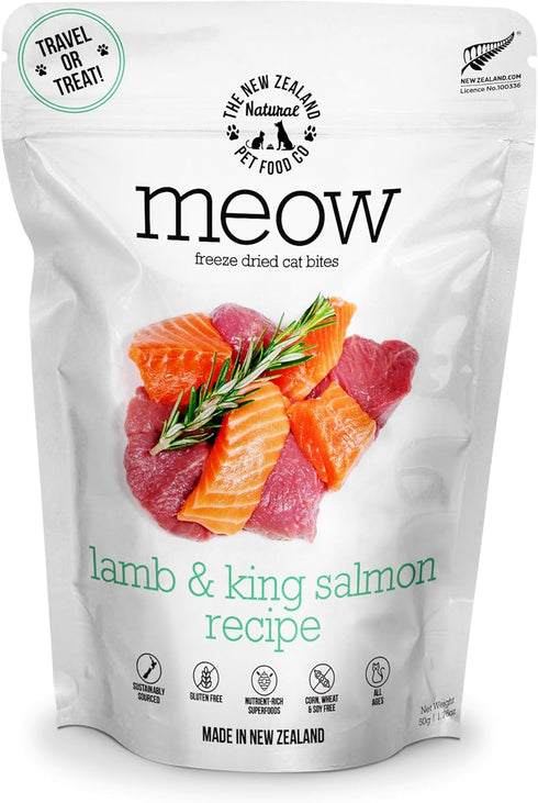 Meow Lamb & King Salmon Freeze Dried Raw Cat Food, Mixer, or Topper, or Treat - High Protein, Natural, Limited Ingredient Recipe 1.76 oz...