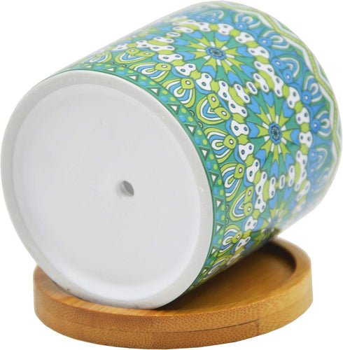 Cute 2.95 Inches Modern Cylindrical Mandalas Shaped Ceramic Succulent Cactus Flower Plant Pots with Bamboo Tray - Plant Not Included (Green)...