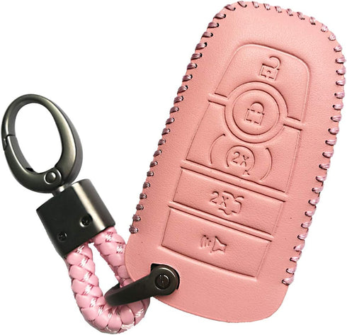 Pink Leather 5 Buttons Key Fob Case Case Remote Skin Holder Protector Jacket for 2017 2018 2019 2020 2021 2022 2023 2024 Ford Bronco Mustang Fusio...