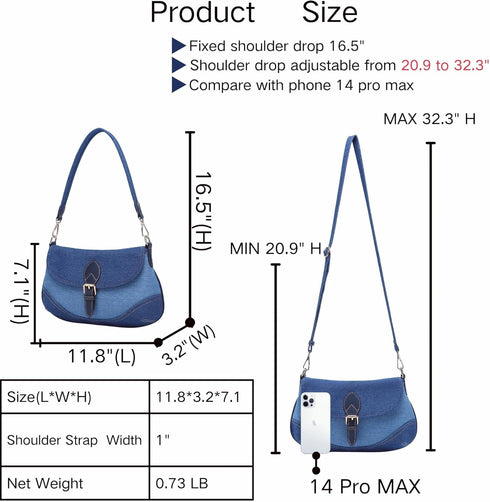 Denim Handbag for Women -Girl's Shoulder Bag Elegant Blue Jean CanvasTote Cute Small Chic Clutch with Secure Buckle Closure-2 Straps (Fixed and Ad...
