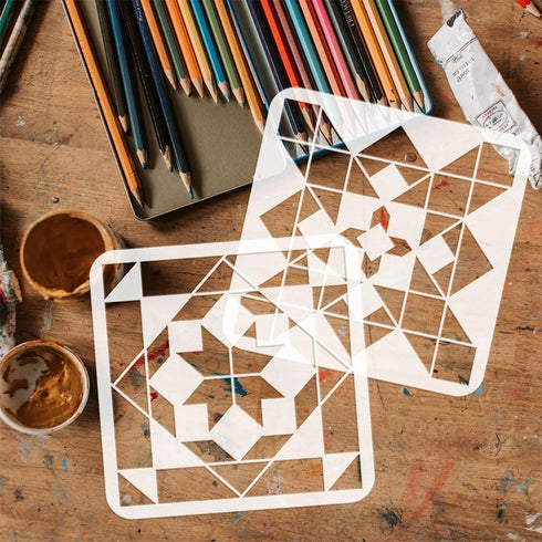 FINGERINSPIRE 6 Pcs Sunshine Barn Quilt Stencil 7.87x7.87 inch Kaleidoscope Quilt Block Painting Stencil Plastic Geometric Patterns Stencil Reusab...