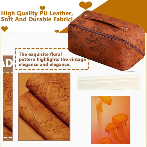 Travel Makeup Bags Cosmetic Organizer Case, Large Capacity Toiletry Bag for Women, PU Leather Waterproof Portable Makeup Pouch, Flat Lay Make Up O...