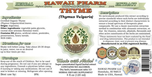 Hawaii Pharm Thyme Alcohol-Free Liquid Extract, Organic Thyme (Thymus Vulgaris) Dried Leaf Glycerite Natural Herbal Supplement, USA 2 fl.oz...