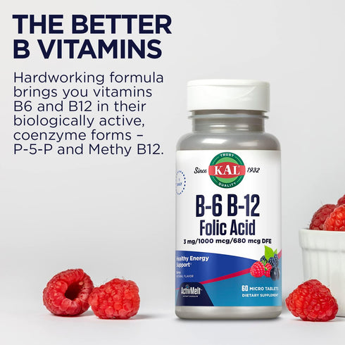 KAL Vitamin B-6, B-12 & Folic Acid Supplement, Heart Health, Energy & Red Blood Cell Support*, with Vitamin B12 Methylcobalamin & Folate, Natural ...