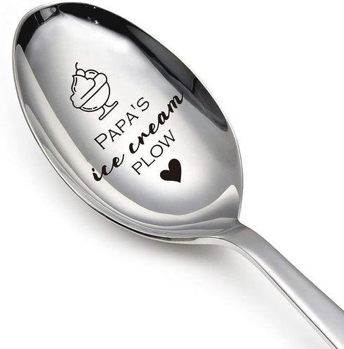 Papa's Ice Cream Plow Funny Stainless Steel Engraved Spoon, Long Handle Coffee Tea Spoon Dessert Ice Cream Plow, for Papa Dad Men Coffee Lovers Fa...