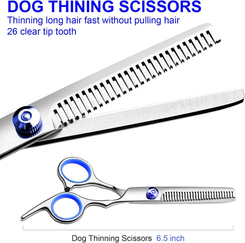 Professional 5 in1 Dog Grooming Scissors Kit, Titanium Coated Dog Scissors for Grooming, Grooming Shears Kit - Straight,Thinning, Curved Scissors ...