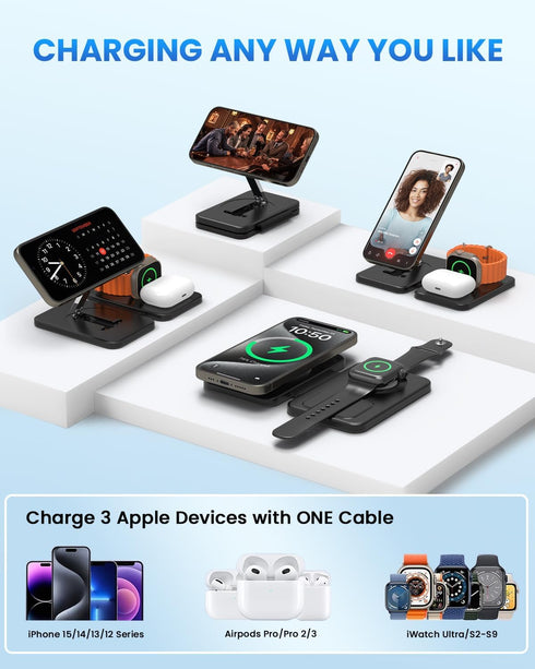 JoyGeek Magnetic Wireless Charging Station for Apple Devices, 3 in 1 Foldable Charger Stand for MagSafe,Compatible with iPhone 15/14/13/12 Series,...