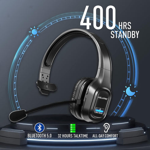 Wireless Headset with Microphone - Single-Ear Headphone, Adjustable Headband, Noise Isolation Mic - Communication for Truck Drivers, Home Office, ...