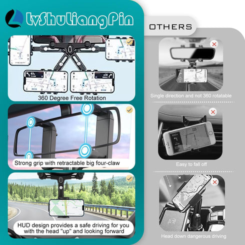Rearview Mirror Phone Holder for Car, 360° Rotating Rear View Mount with Adjustable Arm Length, Upgraded Four Corners Fixed Anti-Shake Multifuncti...