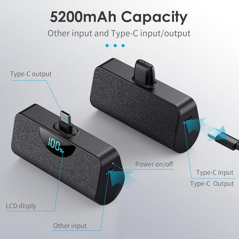 Mini Portable Charger USB-C Power Bank 5200mAh,Ultra Compact LCD Display Battery Pack Backup Charger Compatible with iPhone 15/15 Plus/15 Pro/15 P...